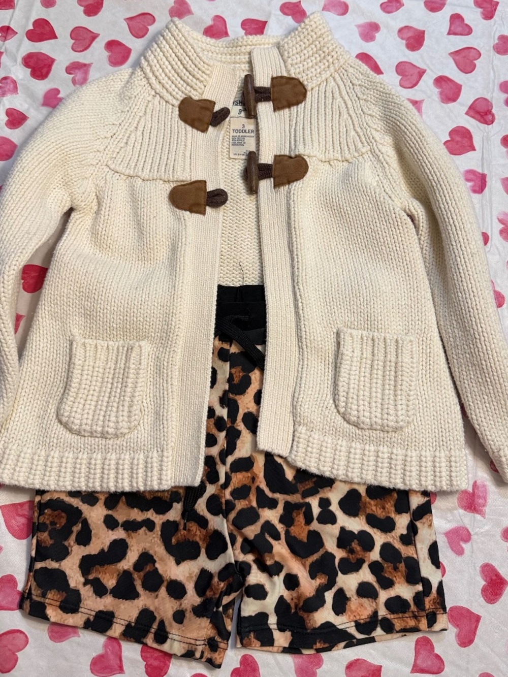 OshKosh Girls Cream Toggle Cardigan & Leopard Print Shorts Set (Size 3 Toddler)